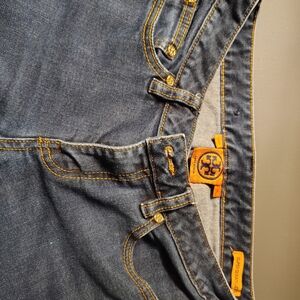 Tory Burch Ladies Dark Blue Jeans with Gold Stitching